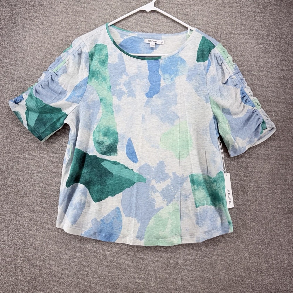Chicos Short Sleeve Top Women Size 2 Abstract Watercolor Print Linen NEW $69